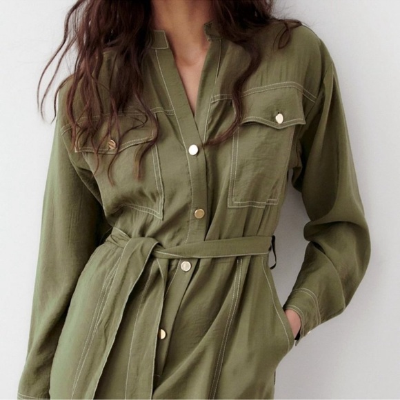 Zara Modal Long Sleeve Belted Jumpsuit w/Contrast Stitch Size Small Olive Green - Picture 3 of 16